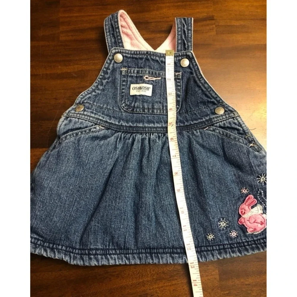 OshKosh B'Gosh baby girl denim fleece lined overall jumper dress bunny 12 months